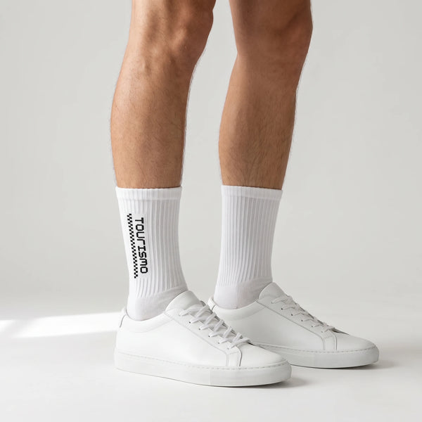 Tourismo Crew Socks white, worn, front view of the pair