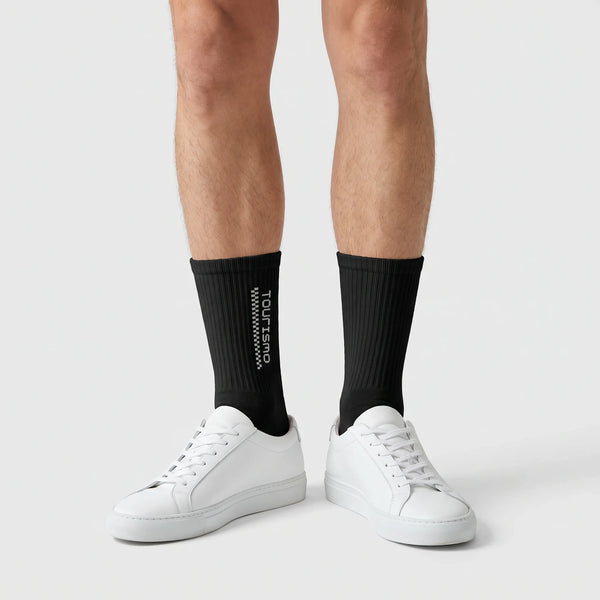 Tourismo Crew Socks black, worn, front view of the pair