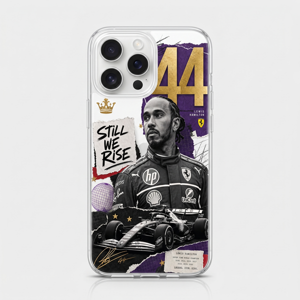 Coque iPhone Lewis Hamilton 44 transparente, design Still We Rise or et violet — Tourismo Clothing