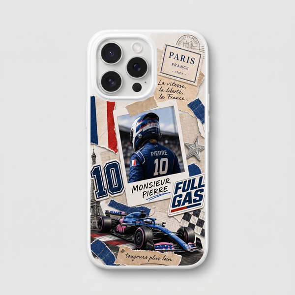Coque iPhone blanche Tourismo Clothing au design Pierre Gasly Alpine F1 France