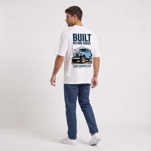T-shirt Toyota Land Cruiser FJ40 Built Beyond Roads blanc vu de dos