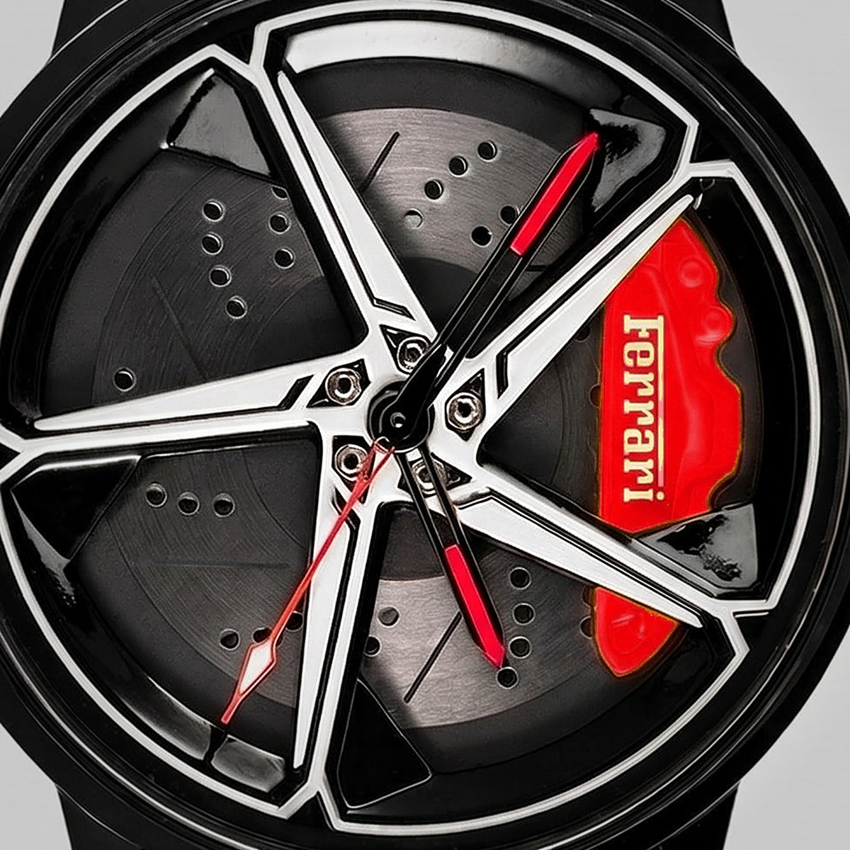 Close-up of the wheel and the ferrari engraved caliper, Ferrari 488 watch