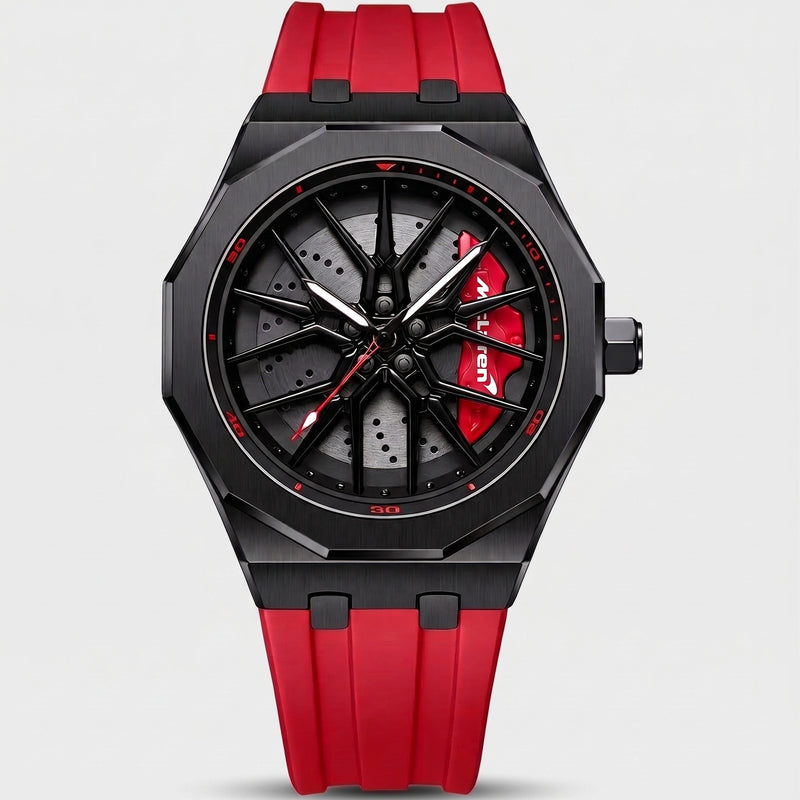 McLaren 720 watch front view, 3D spinning wheel dial