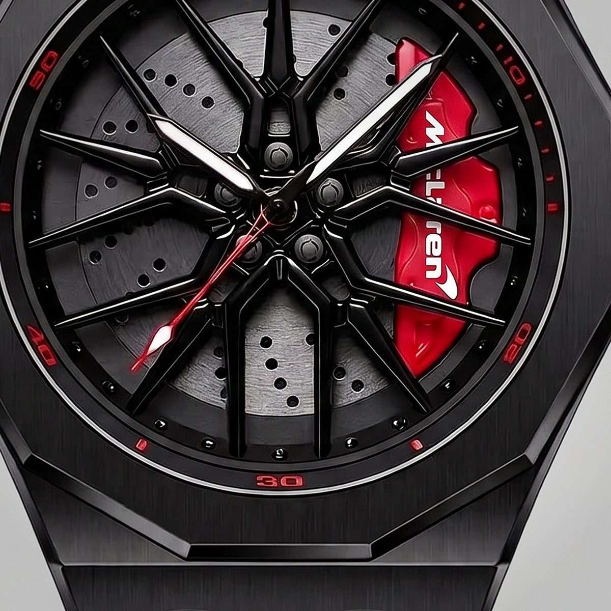 Close-up of the wheel and the McLaren engraved caliper, McLaren 720 watch