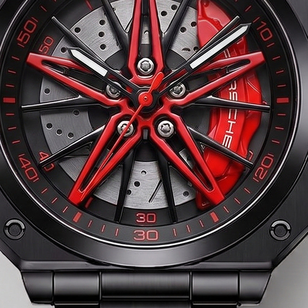 Close-up of the wheel and the PORSCHE engraved caliper, Porsche 911 watch