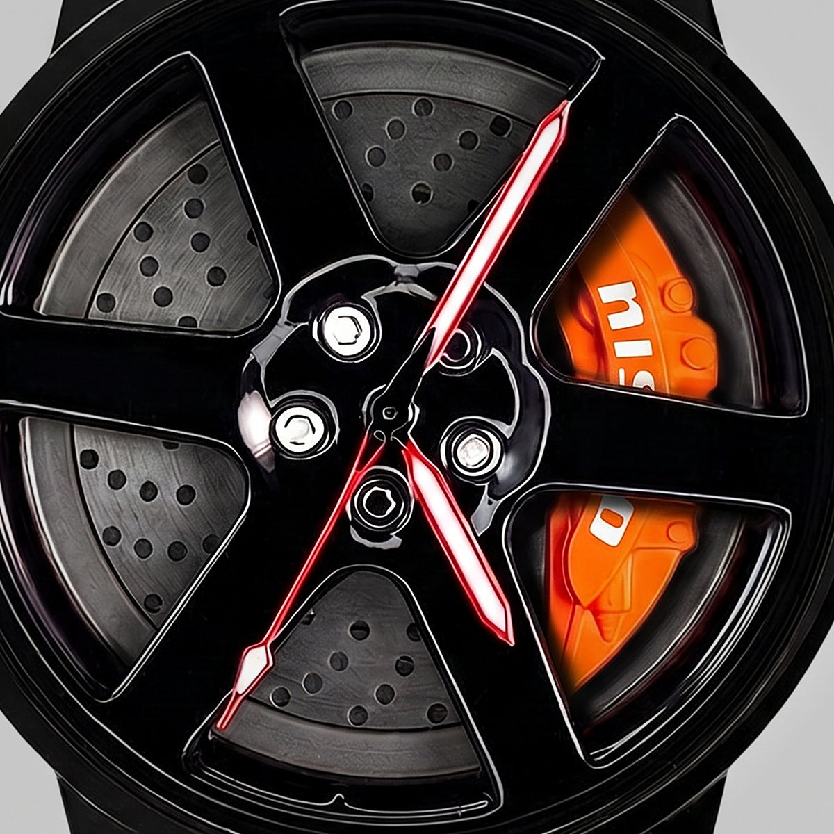 Close-up of the wheel and the nismo engraved caliper, Nissan GT-R watch