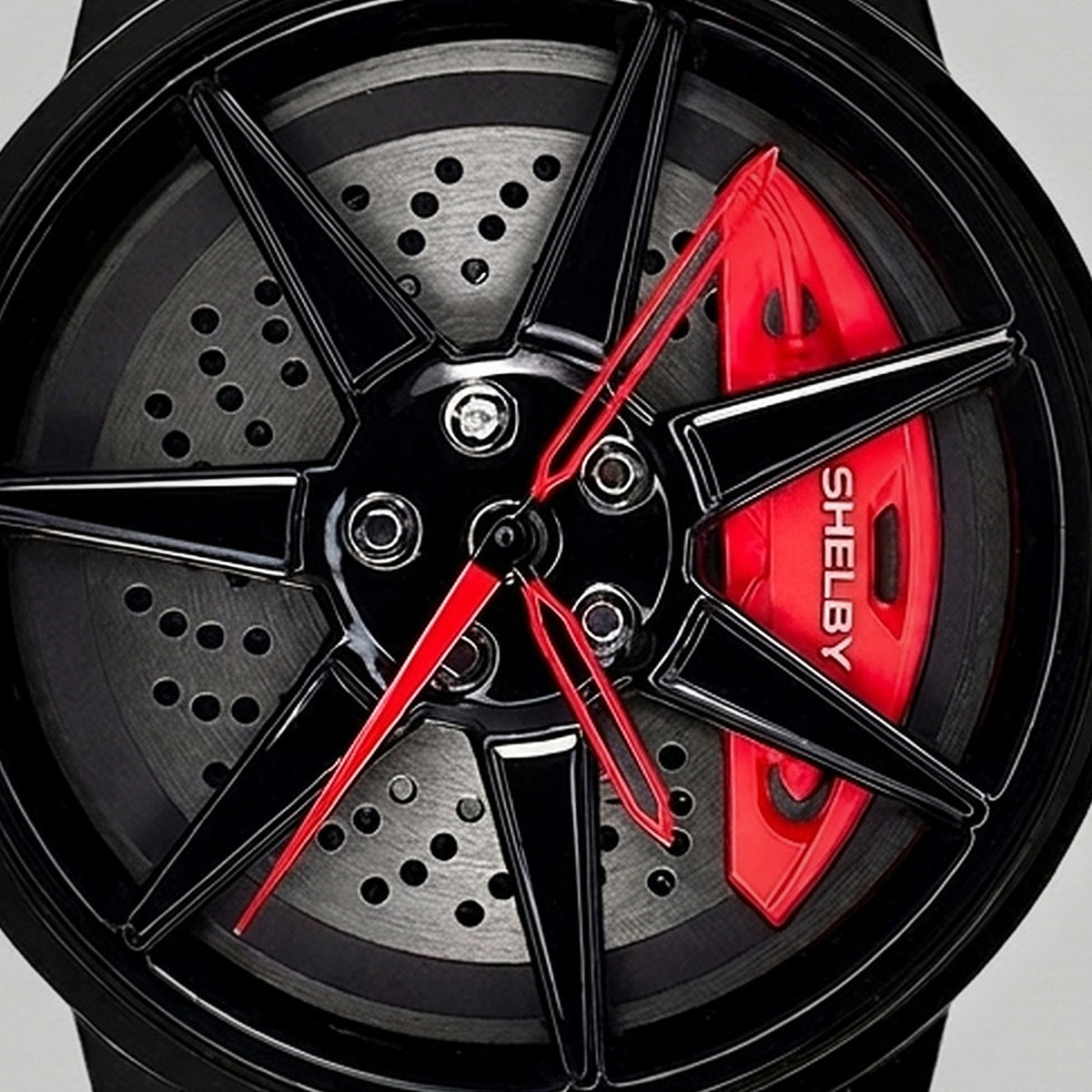 Close-up of the wheel and the SHELBY engraved caliper, Shelby GT500 watch