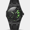 Audi R8 Watch, black octagonal case, green caliper, front view