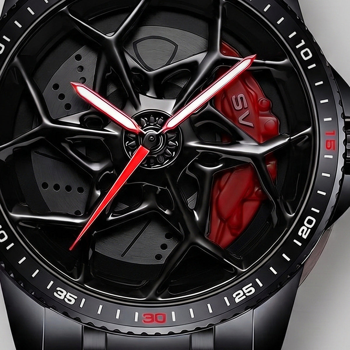 Close-up of the wheel and the SV engraved caliper, Lamborghini SV watch