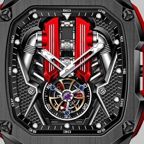 Close-up of the engine block and the tourbillon, moteur V12 watch