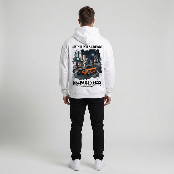 Sweat Mazda RX-7 FD3S Shinjuku Scream blanc, vue complète : hoodie streetwear rotatif premium, Tourismo Clothing
