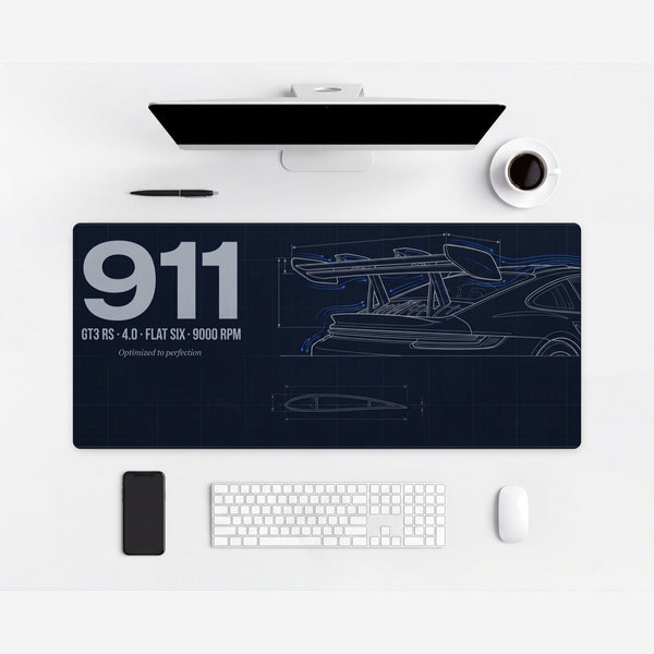 Porsche 911 GT3 RS Rear Wing Mouse Mat — on a light-coloured desk.