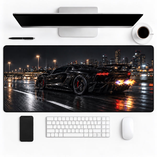 Black Lamborghini Aventador SVJ Mouse Mat — on a light-coloured desk.