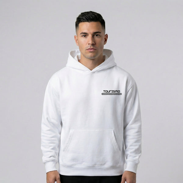 Sweat à capuche BMW M4 Night Run blanc vue de face avec logo Tourismo Clothing poitrine