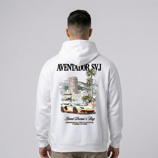 Sweat à capuche Lamborghini Aventador SVJ blanc vue de dos avec grand imprimé SVJ