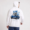 Sweat Alpine A110 blanc à capuche, berlinette bleue numéro 110 vue de dos