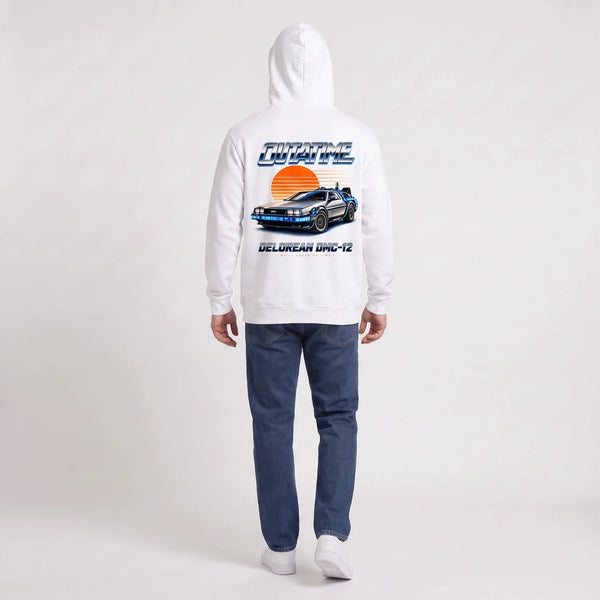Sweat Back to the future blanc porté de dos en plan large