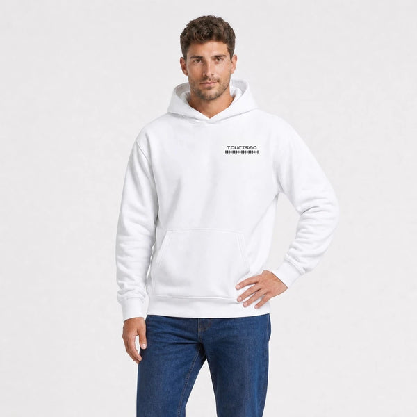 Sweat Datsun 240Z blanc vu de face en plan rapproché avec logo Tourismo
