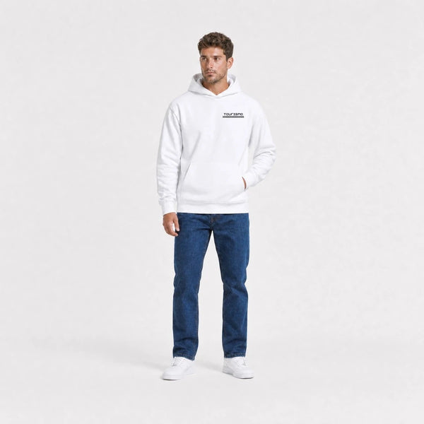 Sweat F1 Ayrton Senna Signature blanc vu de face en plan large avec logo Tourismo