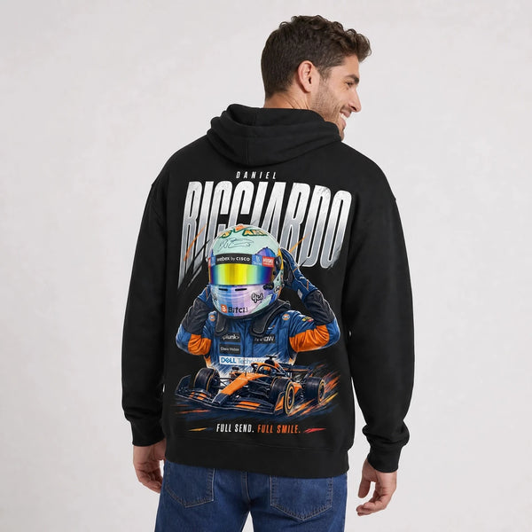 Sweat F1 Daniel Ricciardo Signature noir à capuche avec pilote et monoplace vus de dos