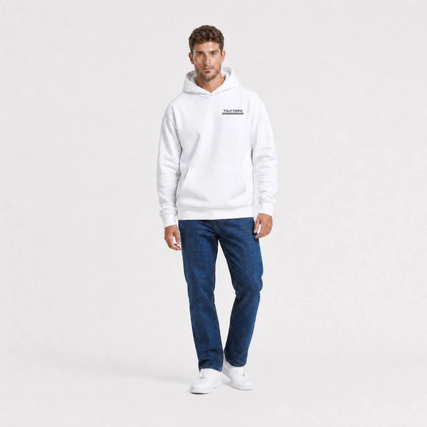 Sweat F1 Esteban Ocon Signature blanc vu de face en plan large avec logo Tourismo