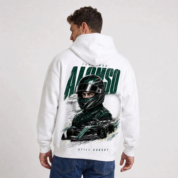 Sweat F1 Fernando Alonso Signature blanc à capuche, pilote et monoplace vus de dos