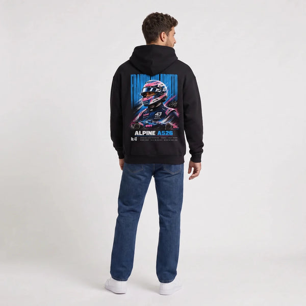 Sweat F1 Franco Colapinto noir porté de dos en plan large avec print Signature