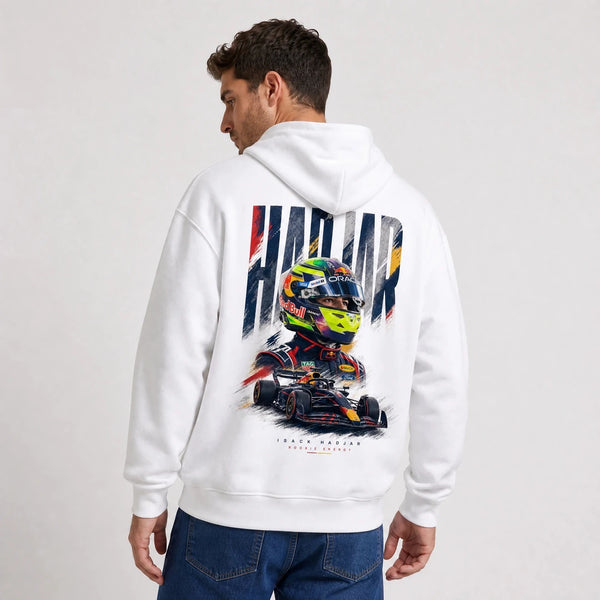 Sweat F1 Isack Hadjar Signature blanc à capuche avec pilote et monoplace vus de dos