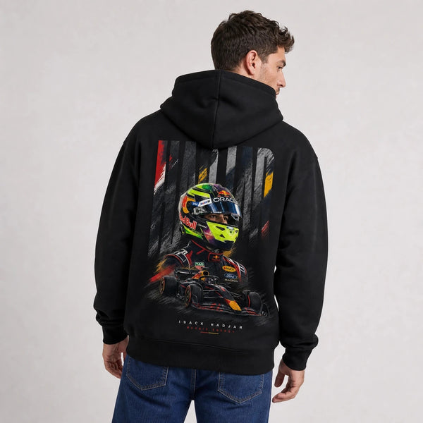 Sweat F1 Isack Hadjar Signature noir à capuche avec pilote et monoplace vus de dos
