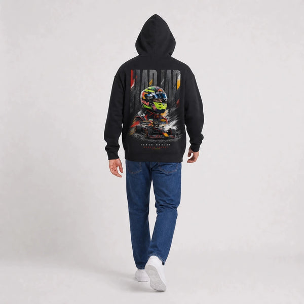 Sweat F1 Isack Hadjar Signature noir porté de dos en plan large