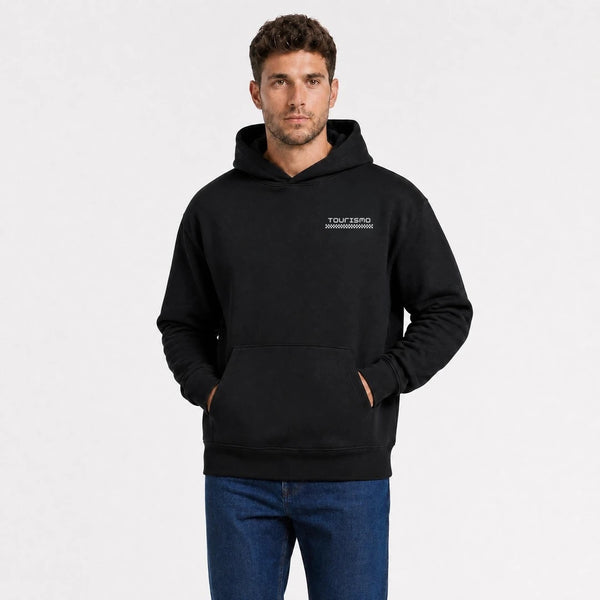 Sweat Fiat 131 Abarth noir vu de face en plan rapproché avec logo Tourismo