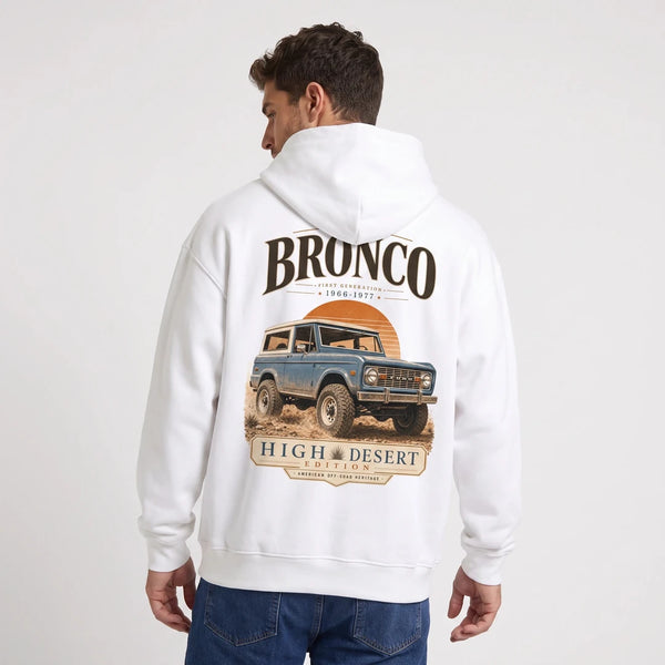 Sweat Ford Bronco First Generation blanc à capuche vu de dos avec design High Desert Edition