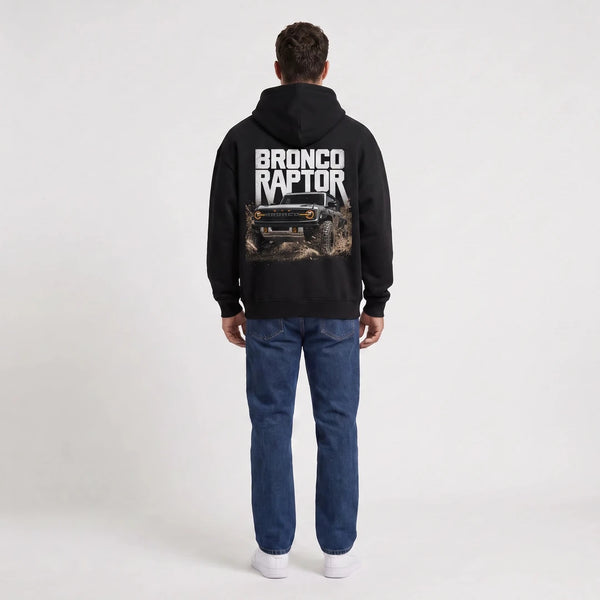 Sweat Ford Bronco Raptor noir porté de dos en plan large avec print Off-Road