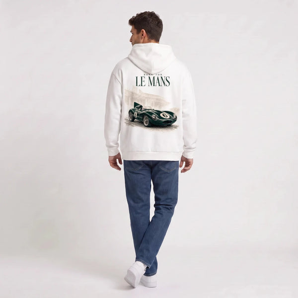 White Jaguar D-Type Le Mans N°6: Born for Le Mans hooded sweatshirt, back view