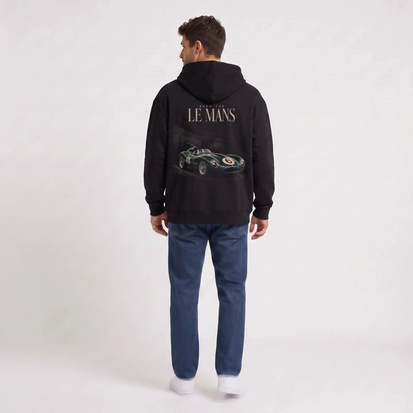Black Jaguar D-Type Le Mans N°6 Born for Le Mans hoodie, seen from the back