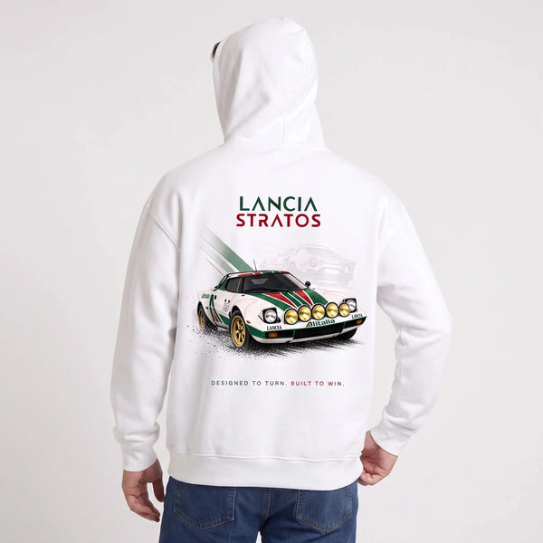 Sweat Lancia Stratos Virage victorieux blanc à capuche, voiture de rallye vue de dos