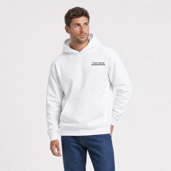 Sweat Maserati Bora Avenir Italien blanc vu de face en plan rapproché avec logo Tourismo