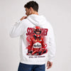 Sweat F1 Michael Schumacher Signature blanc à capuche avec pilote et monoplace rouges vus de dos