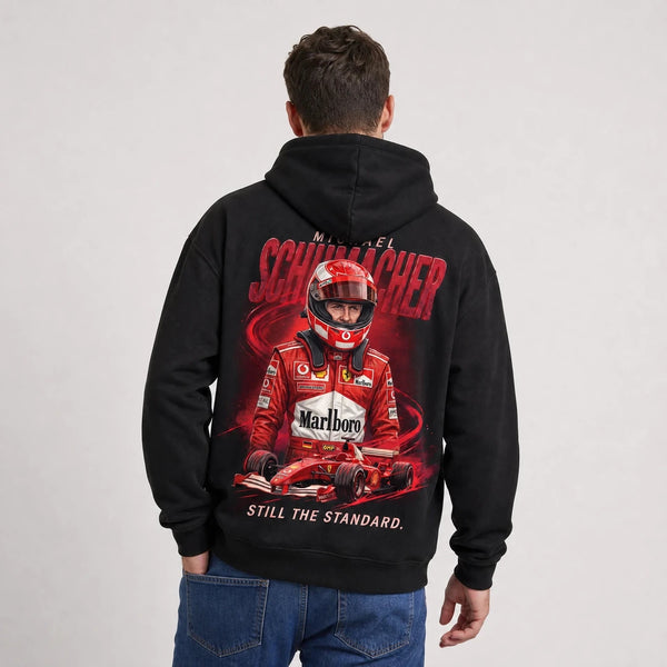 Sweat F1 Michael Schumacher Signature noir à capuche avec pilote et monoplace rouges vus de dos