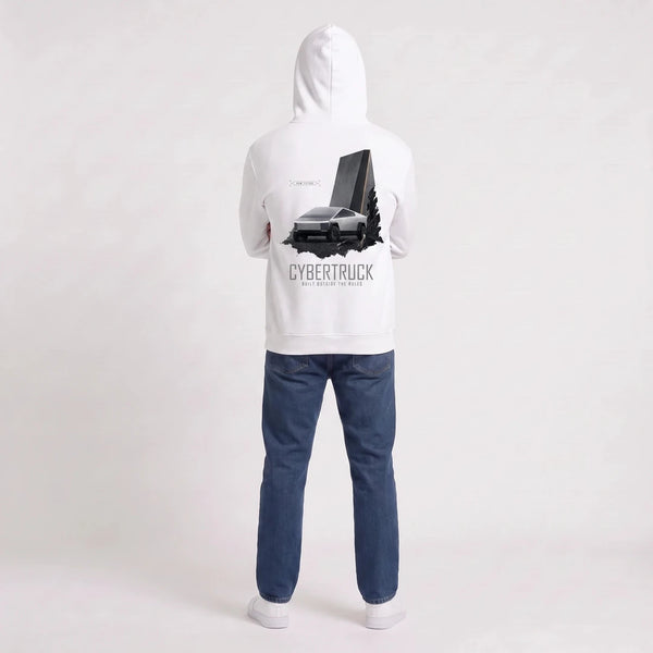 Sweat Tesla Cybertruck Raw Future blanc à capuche vu de dos
