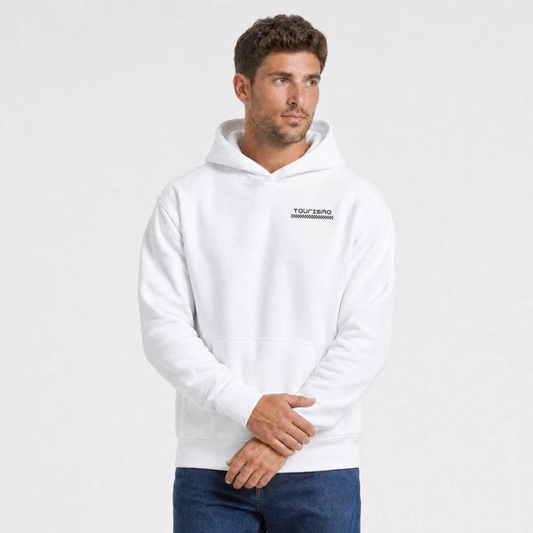 Sweat Tesla Cybertruck Raw Future blanc vu de face en plan rapproché avec logo Tourismo