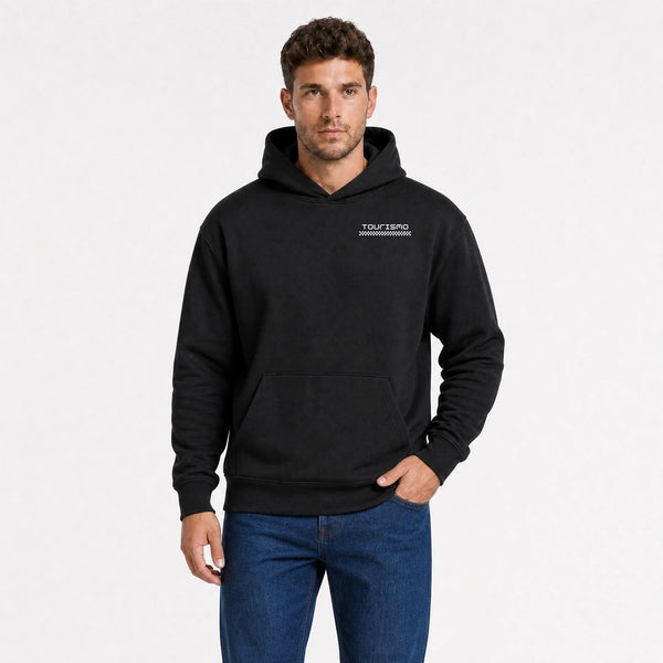 Sweat Tesla Cybertruck Raw Future noir vu de face en plan rapproché avec logo Tourismo