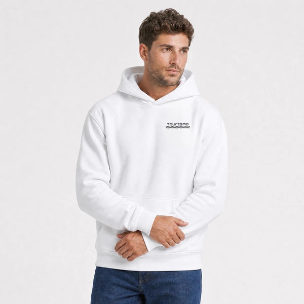 Sweat Toyota Fj Cruiser Outside All Day blanc vu de face en plan rapproché avec logo Tourismo