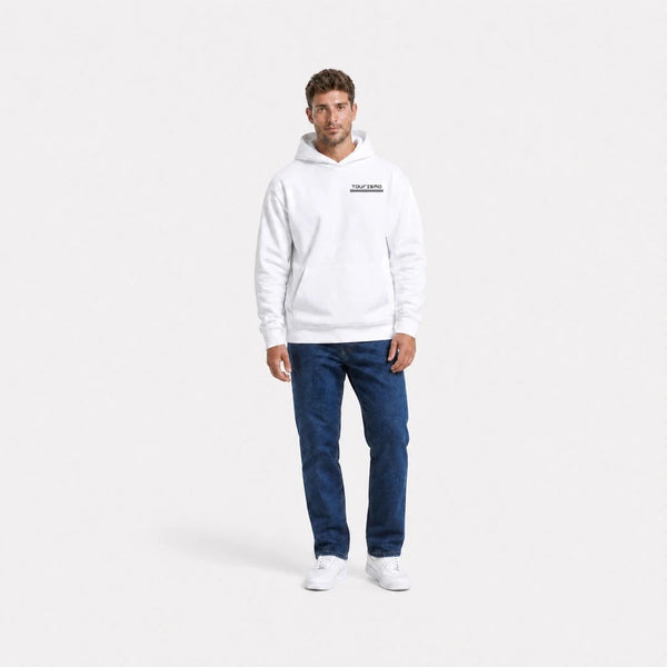 Sweat Toyota Land Cruiser Fj40 Built Beyond Roads blanc vu de face en plan large avec logo Tourismo