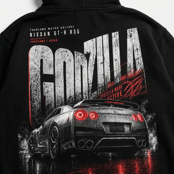 Design Nissan GT-R R35 Godzilla noir sweat, feux rouges lumineux, flocage haute définition, Tourismo Clothing Junior