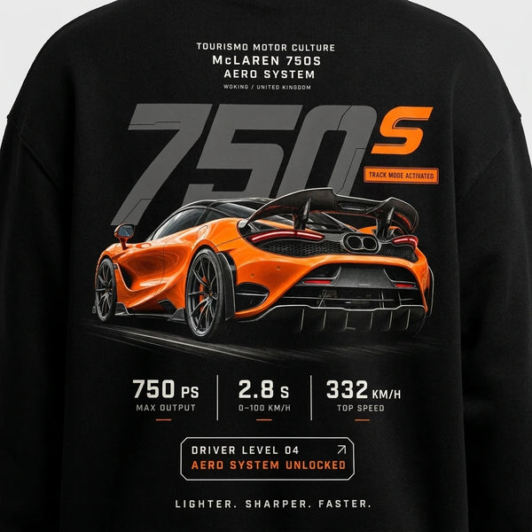Design McLaren 750S noir sweat, 750S orange lumineux, flocage haute définition, Lighter Sharper Faster, Tourismo Clothing Junior