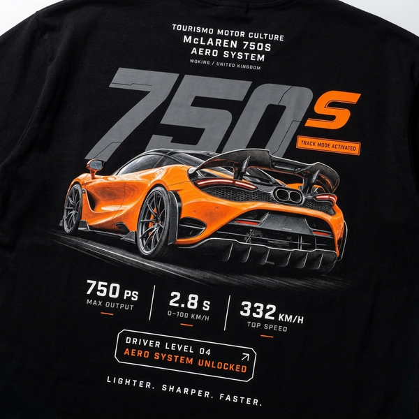 Design McLaren 750S noir, 750S orange lumineux, flocage haute définition, Lighter Sharper Faster, Tourismo Clothing Junior