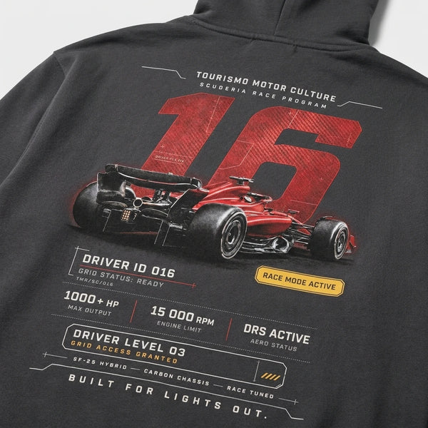 Design Race ID 016 gris foncé sweat, numéro 16 carbon rouge, flocage haute définition, Tourismo Clothing Junior
