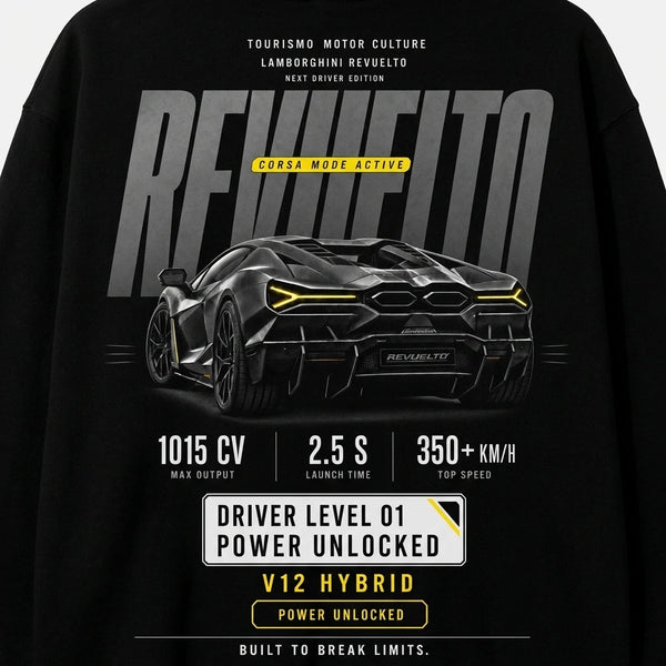 Design Lamborghini Revuelto noir, flocage haute définition REVUELTO, Tourismo Clothing Junior
