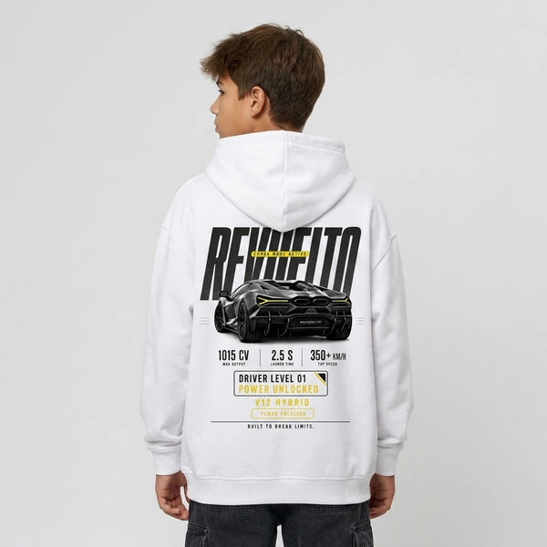 Sweat enfant Lamborghini Revuelto blanc dos, design full-back immersif, Tourismo Clothing